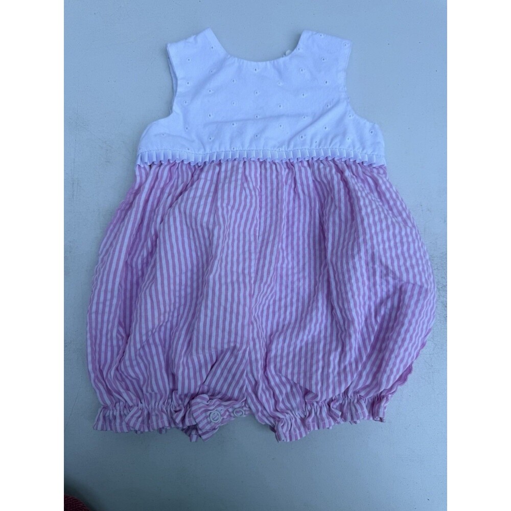 VTG The Bailey Boys Baby Girl 6M Pink Stripe Eyelet Bubble Romper Boutique c26
